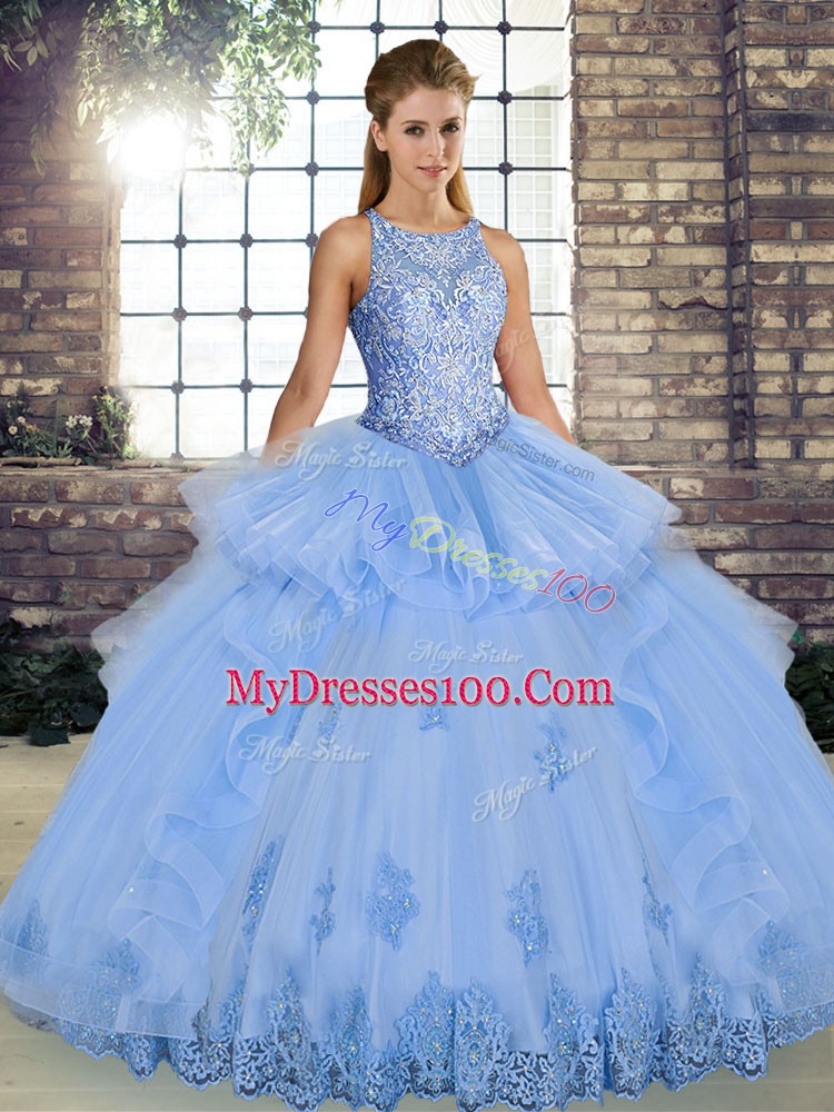 Scoop Sleeveless Lace Up Quince Ball Gowns Lavender Tulle