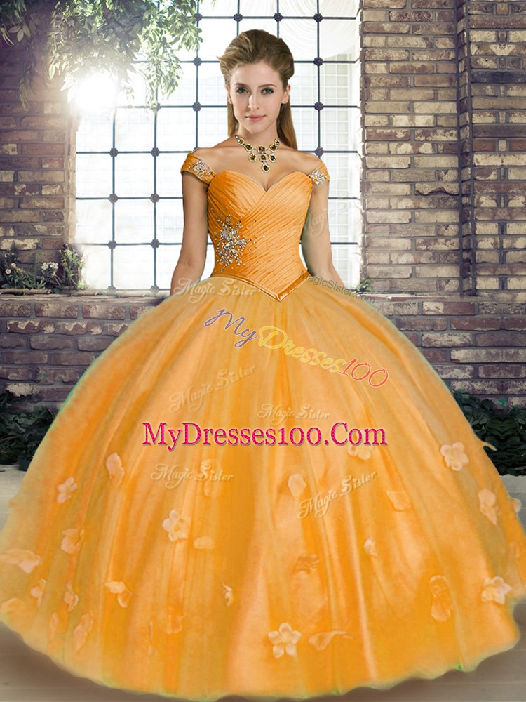 Romantic Orange Off The Shoulder Neckline Beading and Appliques Quinceanera Dress Sleeveless Lace Up