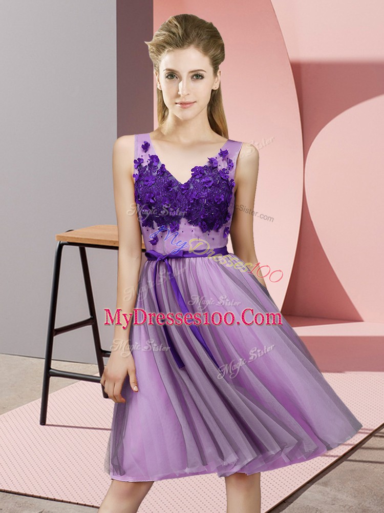 V-neck Sleeveless Tulle Bridesmaid Dress Appliques Lace Up