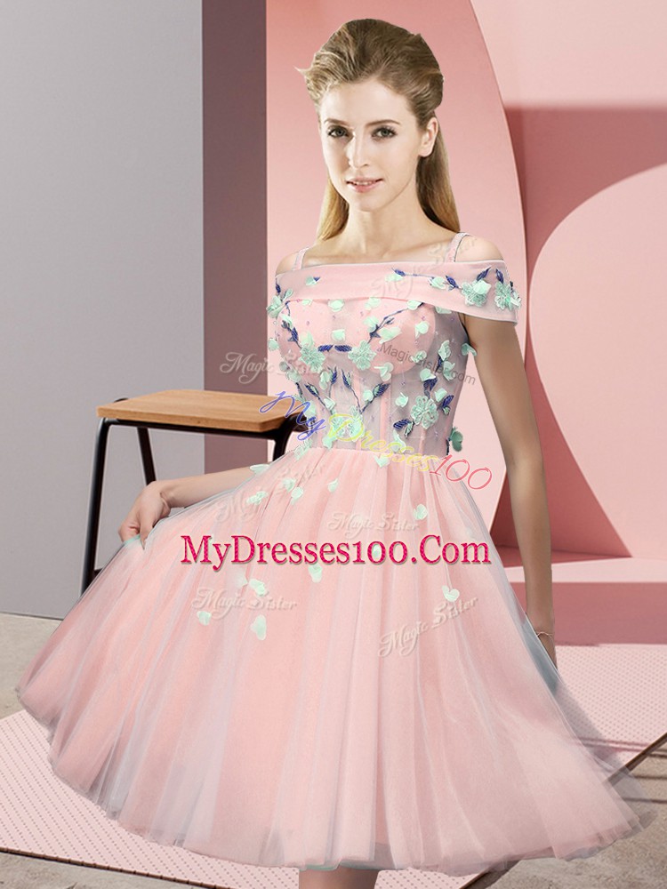 Cheap Knee Length Pink Wedding Guest Dresses Tulle Short Sleeves Appliques