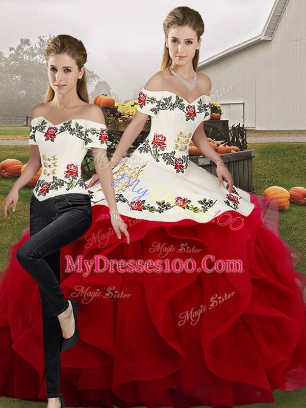 Beauteous Sleeveless Tulle Floor Length Lace Up 15th Birthday Dress in White And Red with Embroidery and Ruffles