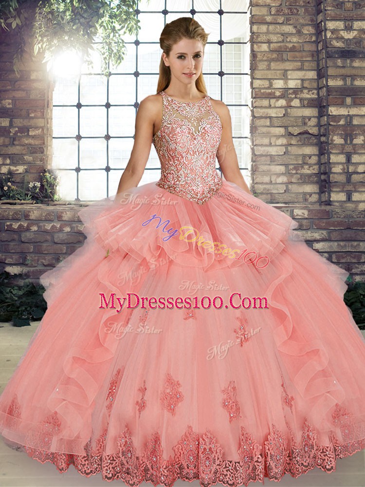 Watermelon Red Ball Gowns Tulle Scoop Sleeveless Lace and Embroidery and Ruffles Floor Length Lace Up 15th Birthday Dress