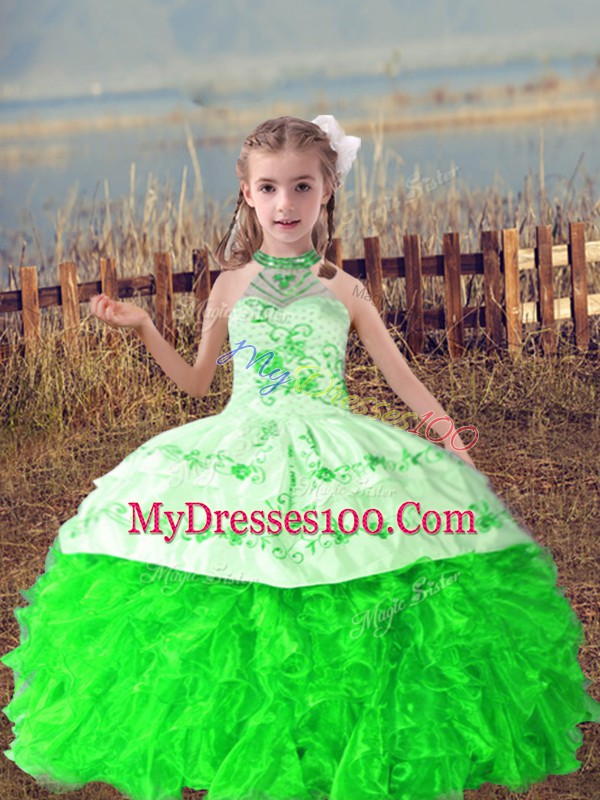 Inexpensive Green Sleeveless Beading and Embroidery and Ruffles Floor Length Child Pageant Dress