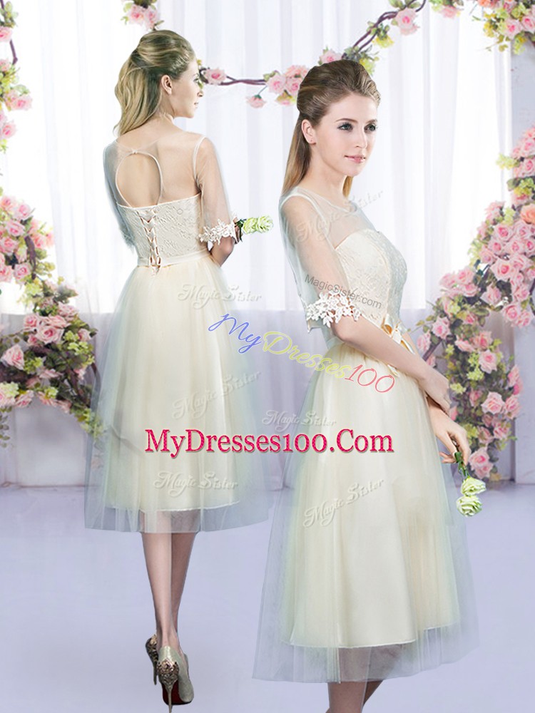 Flirting Champagne Lace Up Scoop Lace and Bowknot Quinceanera Dama Dress Tulle Half Sleeves