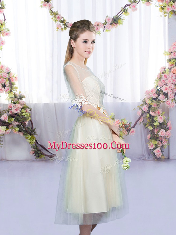 Flirting Champagne Lace Up Scoop Lace and Bowknot Quinceanera Dama Dress Tulle Half Sleeves