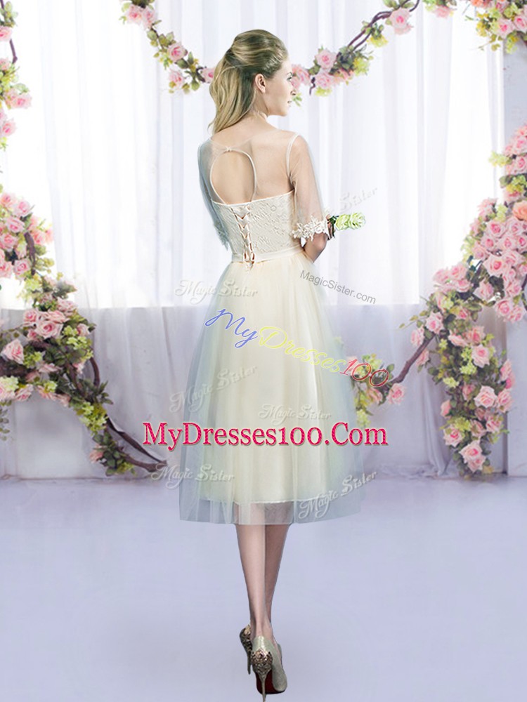 Flirting Champagne Lace Up Scoop Lace and Bowknot Quinceanera Dama Dress Tulle Half Sleeves