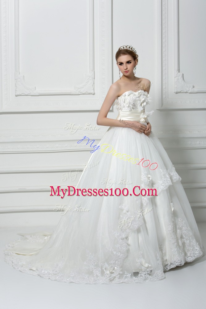 Glamorous Lace and Appliques and Hand Made Flower Wedding Dresses White Lace Up Sleeveless Brush Train