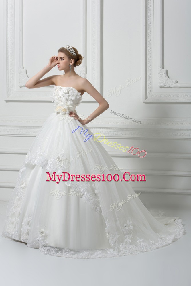 Glamorous Lace and Appliques and Hand Made Flower Wedding Dresses White Lace Up Sleeveless Brush Train