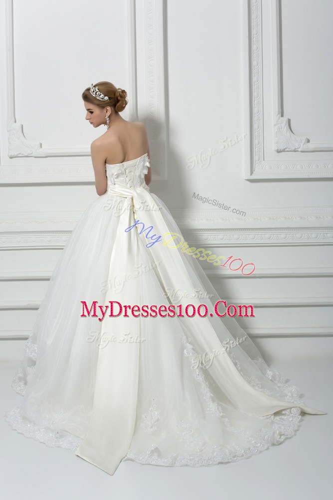 Glamorous Lace and Appliques and Hand Made Flower Wedding Dresses White Lace Up Sleeveless Brush Train