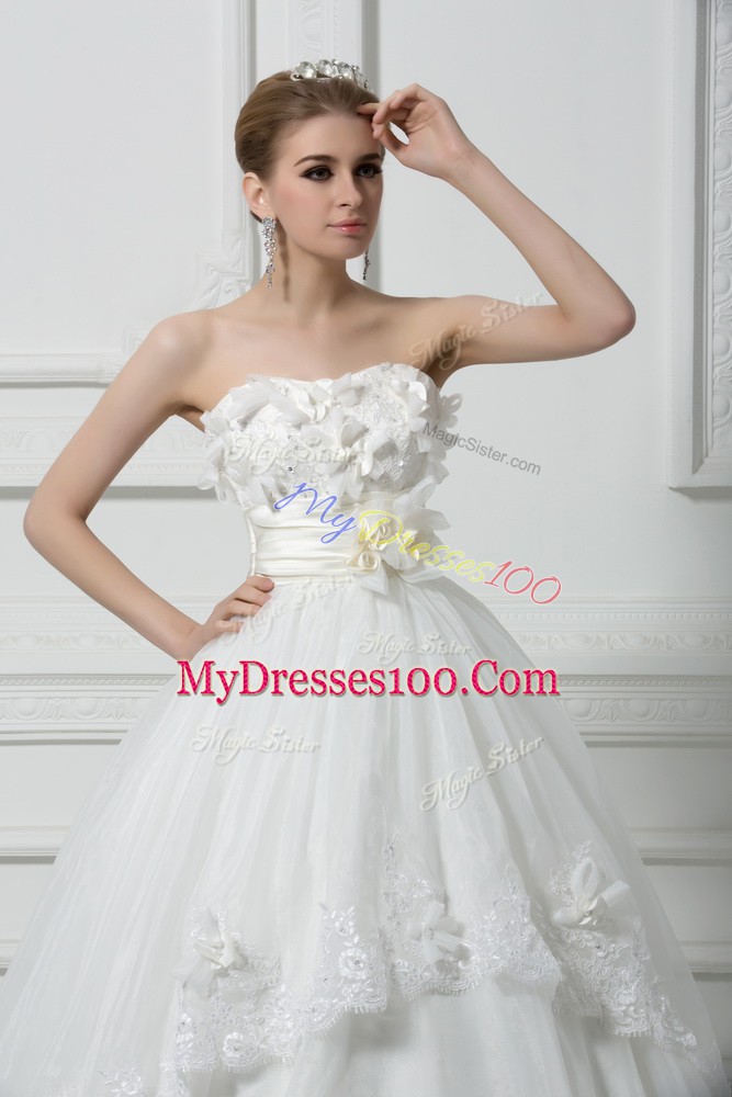 Glamorous Lace and Appliques and Hand Made Flower Wedding Dresses White Lace Up Sleeveless Brush Train
