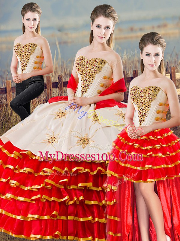 Sweetheart Sleeveless Lace Up Beading and Ruffled Layers Quinceanera Dresses in White And Red