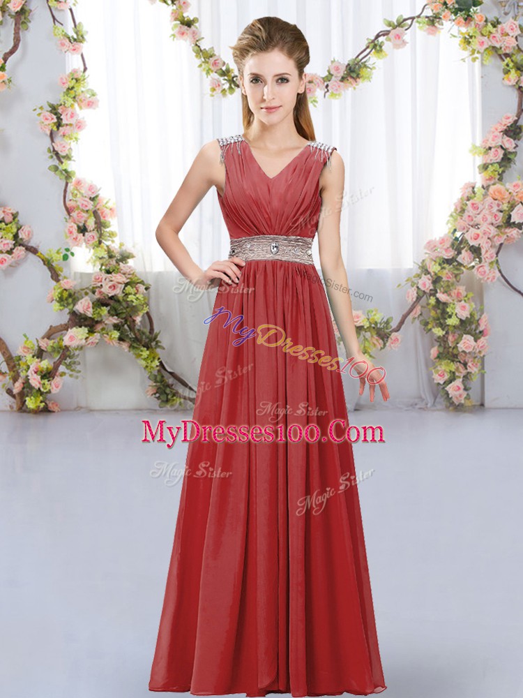 V-neck Sleeveless Lace Up Vestidos de Damas Wine Red Chiffon