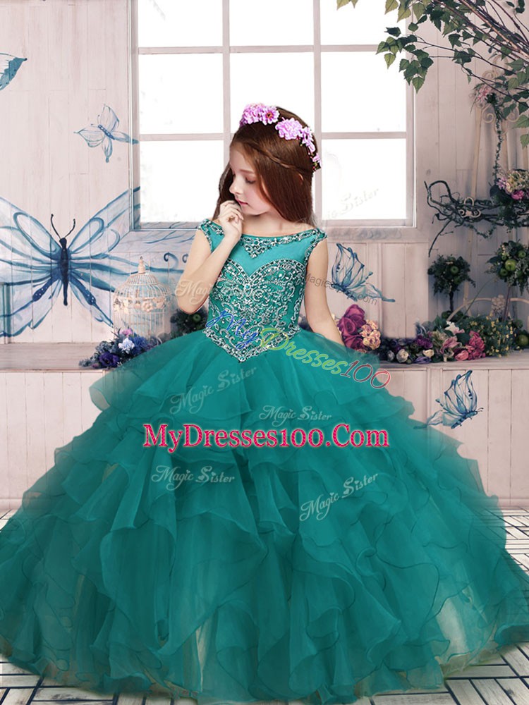 On Sale Turquoise Ball Gowns Beading and Ruffles Pageant Dress for Girls Zipper Organza Sleeveless Floor Length