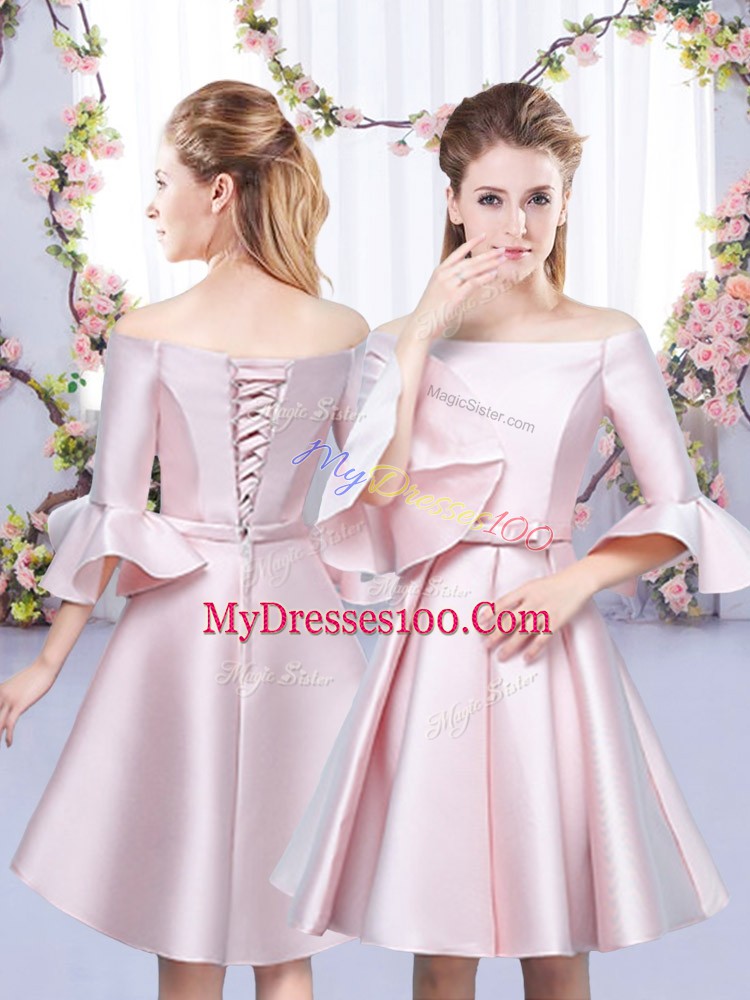 Sophisticated Baby Pink Satin Lace Up Off The Shoulder 3 4 Length Sleeve Mini Length Quinceanera Dama Dress Bowknot