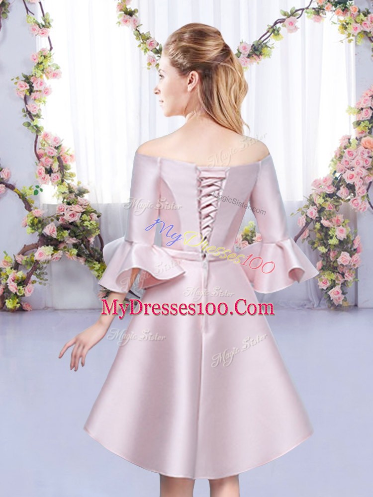 Sophisticated Baby Pink Satin Lace Up Off The Shoulder 3 4 Length Sleeve Mini Length Quinceanera Dama Dress Bowknot