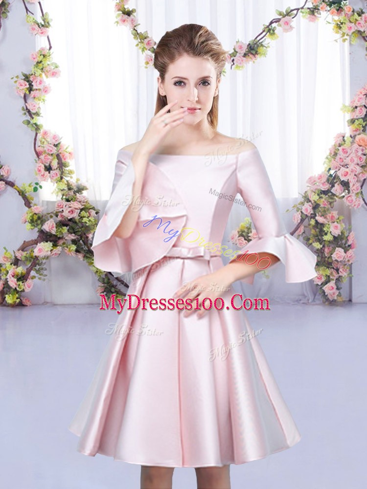 Sophisticated Baby Pink Satin Lace Up Off The Shoulder 3 4 Length Sleeve Mini Length Quinceanera Dama Dress Bowknot
