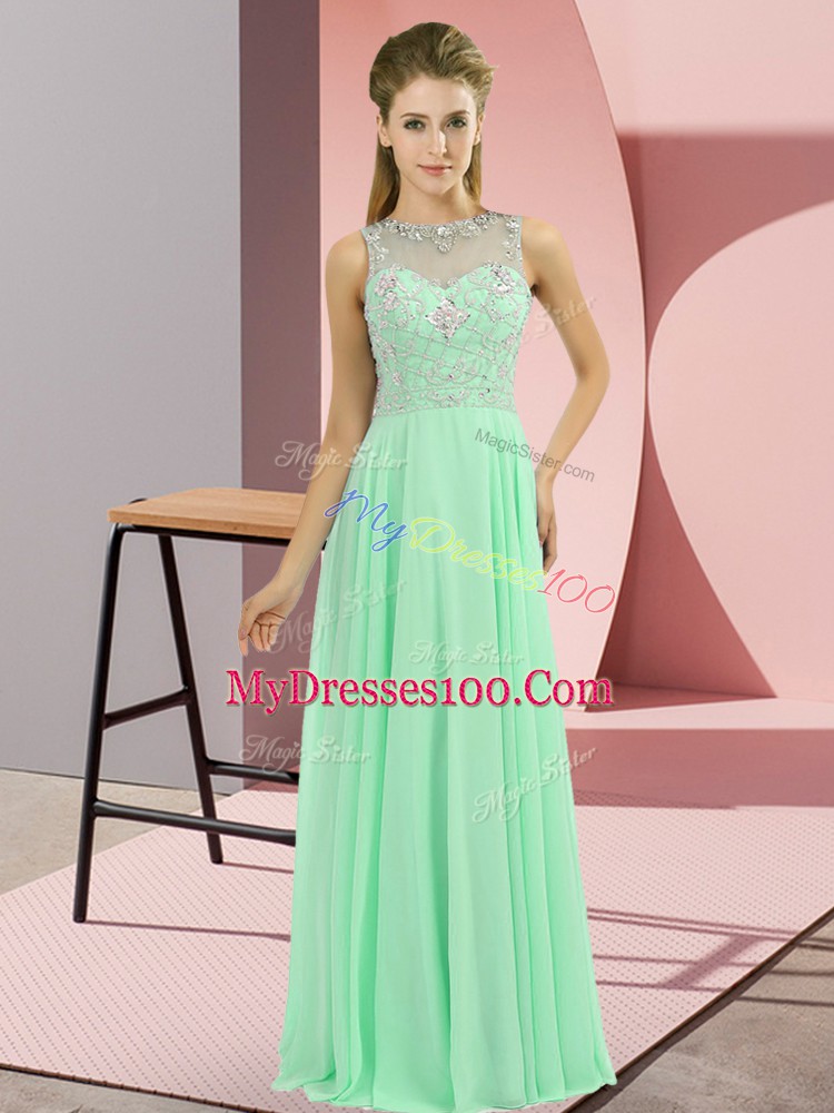 Eye-catching Floor Length Apple Green Dress for Prom Chiffon Sleeveless Beading