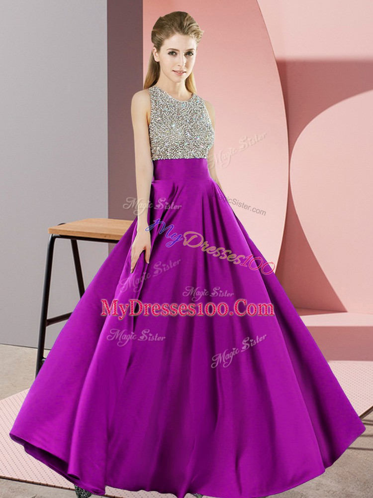 On Sale Elastic Woven Satin Scoop Sleeveless Backless Beading Dress for Prom in Purple