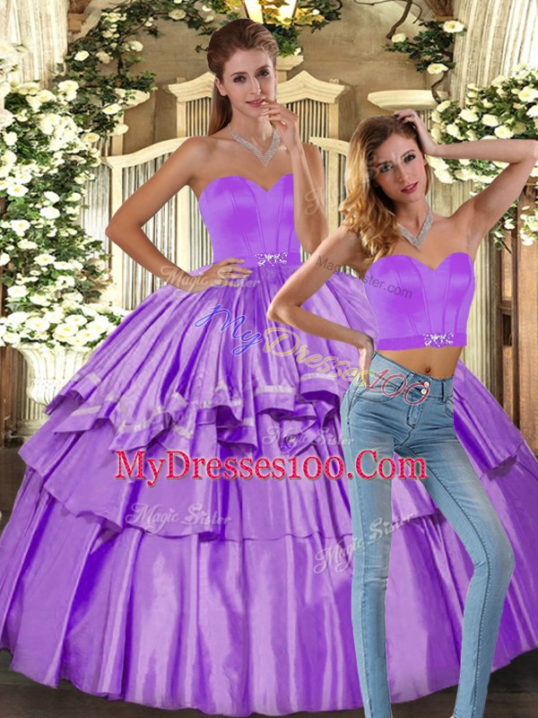 High Class Satin Sweetheart Sleeveless Backless Ruffled Layers Quince Ball Gowns in Lilac