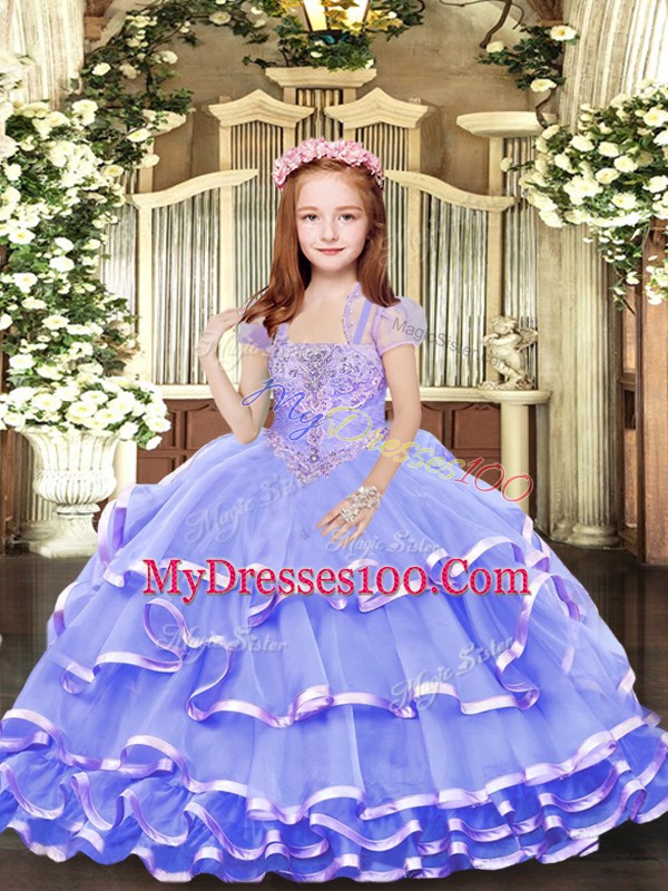 Beading and Ruffled Layers Girls Pageant Dresses Lavender Lace Up Sleeveless Floor Length