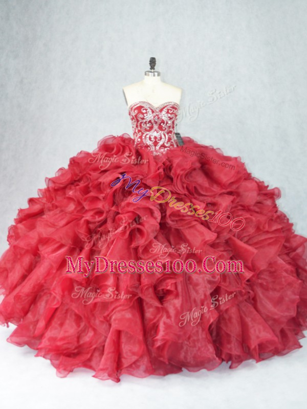 Popular Sweetheart Sleeveless Lace Up Quince Ball Gowns Burgundy Organza