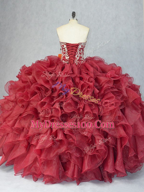 Popular Sweetheart Sleeveless Lace Up Quince Ball Gowns Burgundy Organza