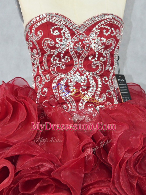 Popular Sweetheart Sleeveless Lace Up Quince Ball Gowns Burgundy Organza