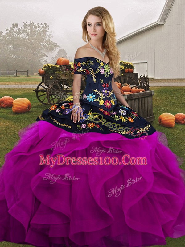 Shining Black And Purple Lace Up Off The Shoulder Embroidery and Ruffles Quinceanera Dresses Tulle Sleeveless