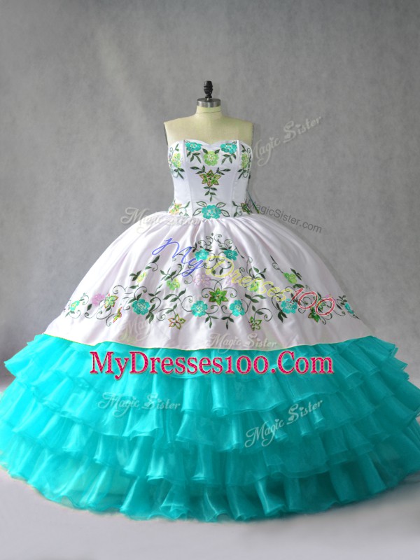 Delicate Sleeveless Floor Length Embroidery and Ruffled Layers Lace Up Vestidos de Quinceanera with Blue And White