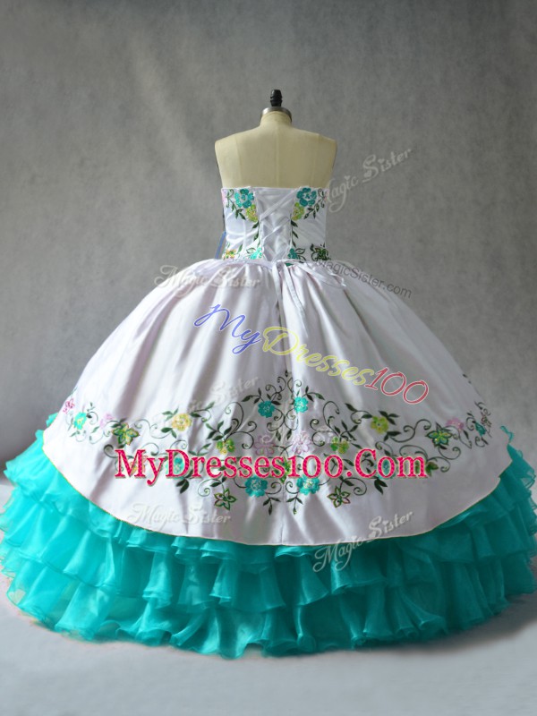 Delicate Sleeveless Floor Length Embroidery and Ruffled Layers Lace Up Vestidos de Quinceanera with Blue And White
