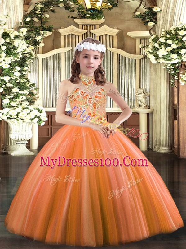 Customized Orange Lace Up Pageant Dresses Appliques Sleeveless Floor Length