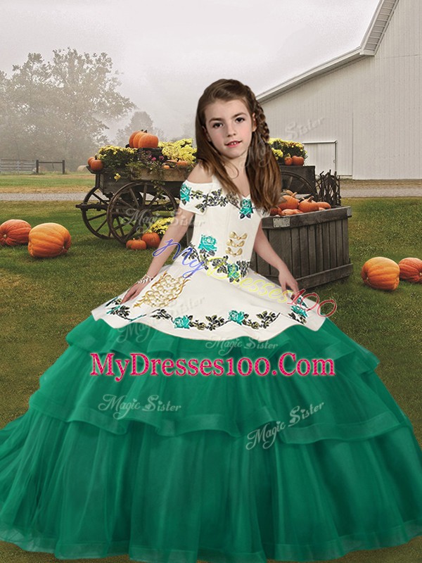 Turquoise Straps Neckline Embroidery and Ruffled Layers Pageant Gowns For Girls Sleeveless Lace Up