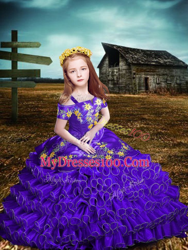 Simple Purple Organza Lace Up Little Girls Pageant Dress Short Sleeves Floor Length Embroidery and Ruffled Layers