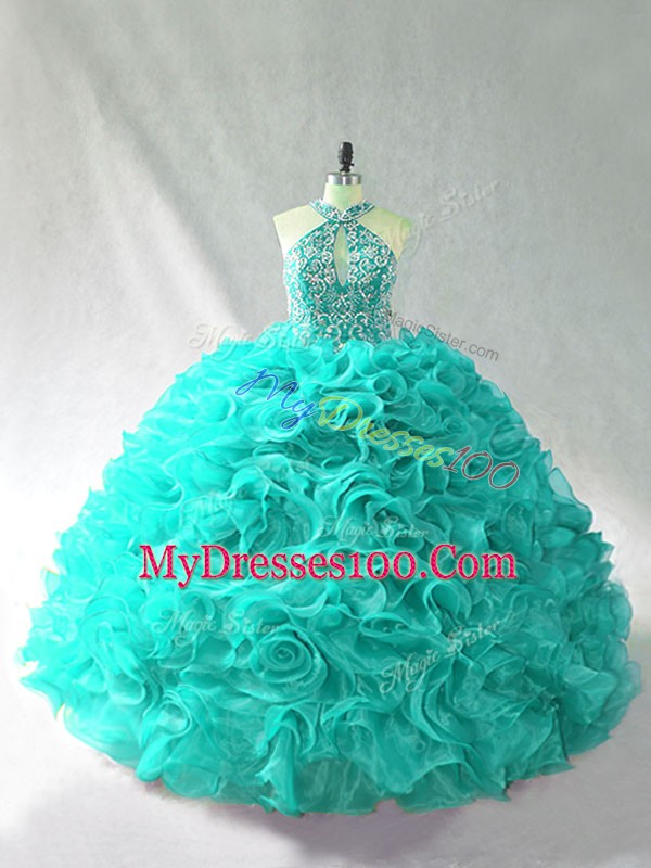 Aqua Blue Sleeveless Brush Train Beading and Ruffles Quinceanera Dresses