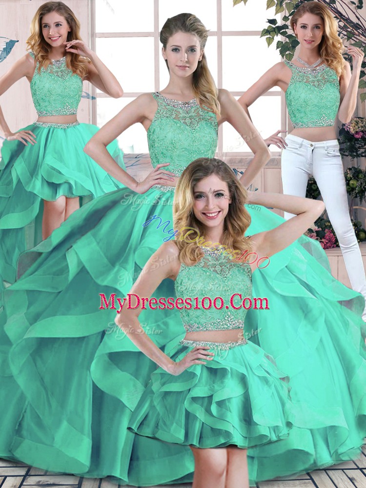 Turquoise Scoop Neckline Beading and Ruffles Quinceanera Gown Sleeveless Zipper