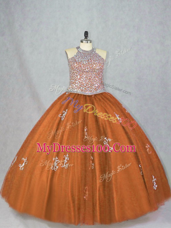 Customized Floor Length Ball Gowns Sleeveless Brown Sweet 16 Dresses Lace Up