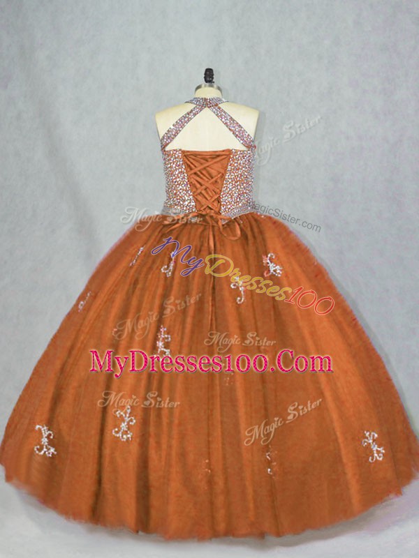 Customized Floor Length Ball Gowns Sleeveless Brown Sweet 16 Dresses Lace Up