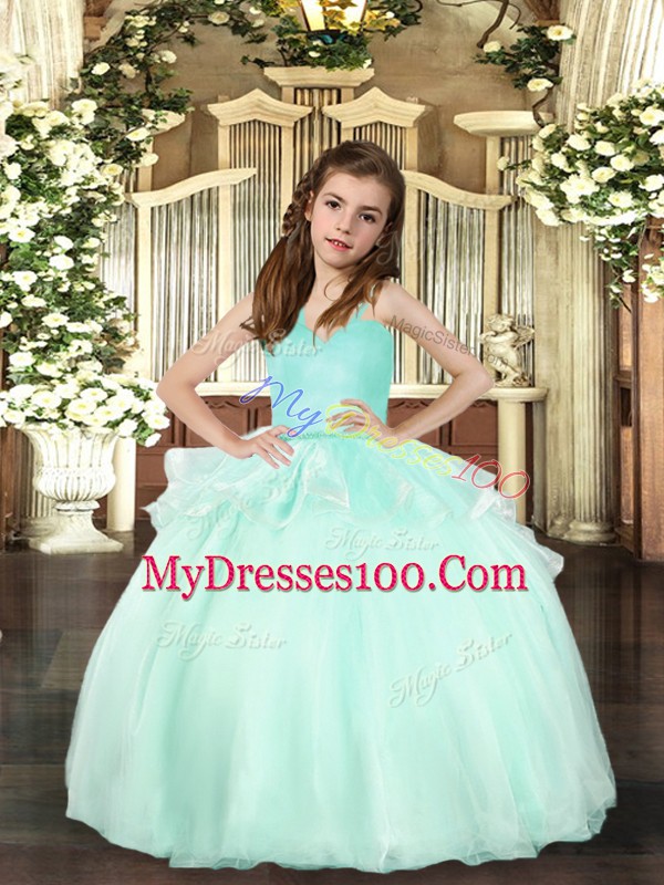 Aqua Blue Ball Gowns Beading Little Girls Pageant Gowns Lace Up Organza Sleeveless Floor Length