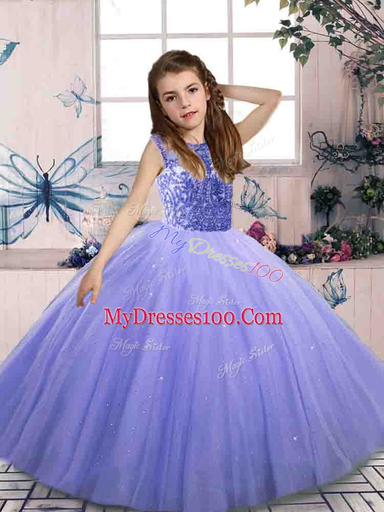Latest Floor Length Lavender Child Pageant Dress Scoop Sleeveless Lace Up