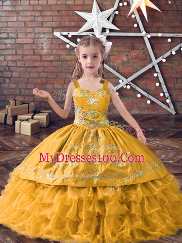 Gold Straps Lace Up Embroidery and Ruffled Layers Little Girls Pageant Dress Sleeveless