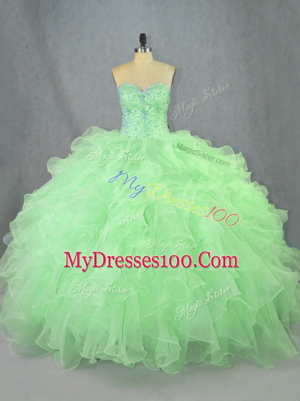 Custom Designed Sweetheart Sleeveless Quinceanera Gown Floor Length Beading and Ruffles Green Organza