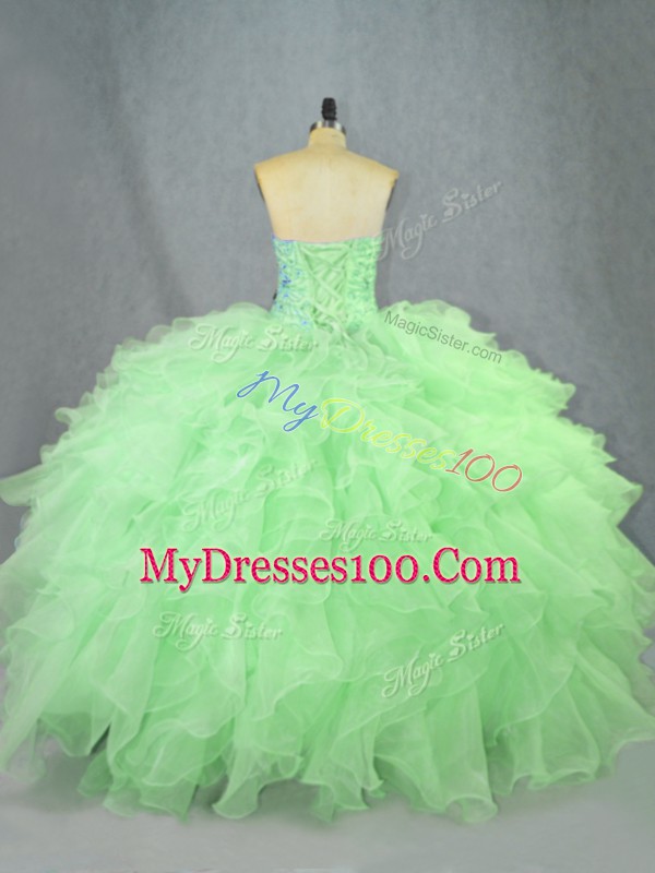 Custom Designed Sweetheart Sleeveless Quinceanera Gown Floor Length Beading and Ruffles Green Organza