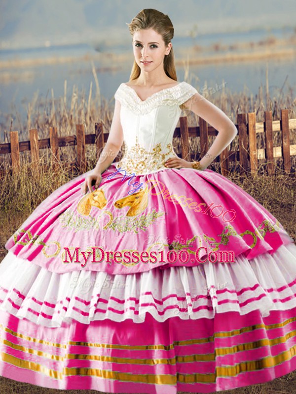 Admirable Floor Length Hot Pink Sweet 16 Dress Satin Sleeveless Embroidery and Ruffled Layers