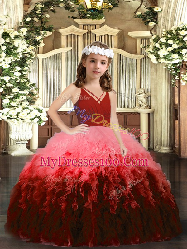V-neck Sleeveless Tulle Little Girls Pageant Gowns Beading and Ruffles Zipper