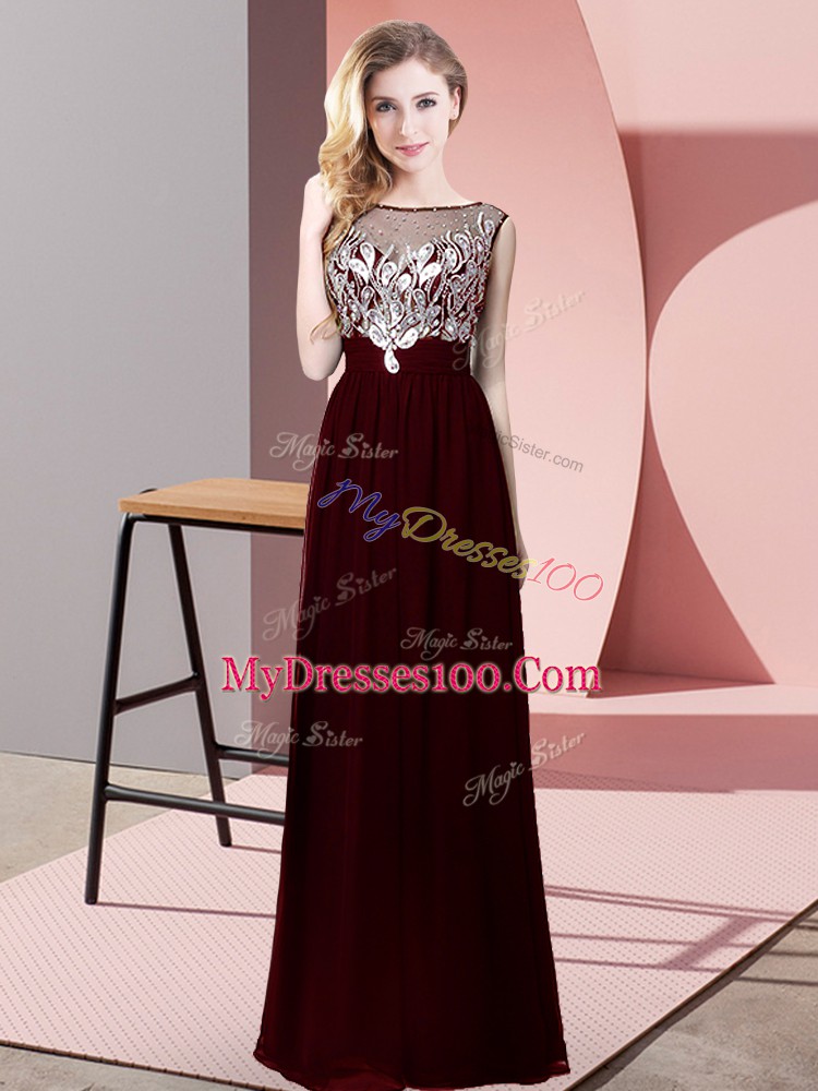 Burgundy Sleeveless Chiffon Backless for Prom and Party