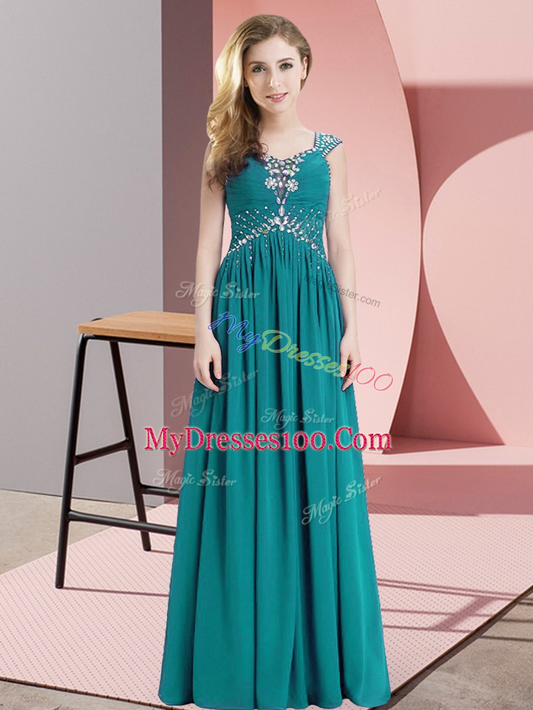 Straps Cap Sleeves Prom Gown Floor Length Beading Teal Chiffon