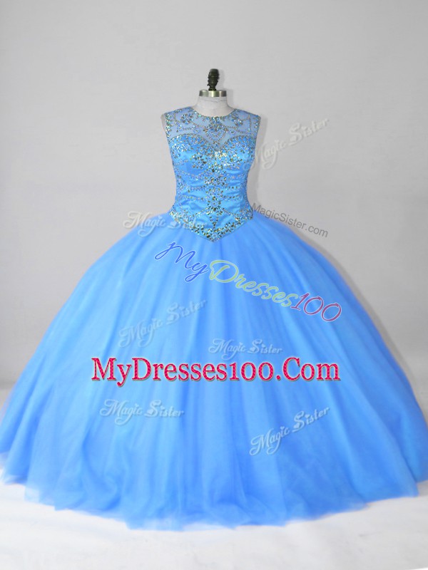 Fitting Sleeveless Tulle Floor Length Lace Up Sweet 16 Dresses in Blue with Beading