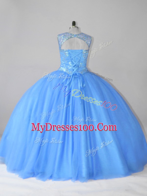 Fitting Sleeveless Tulle Floor Length Lace Up Sweet 16 Dresses in Blue with Beading