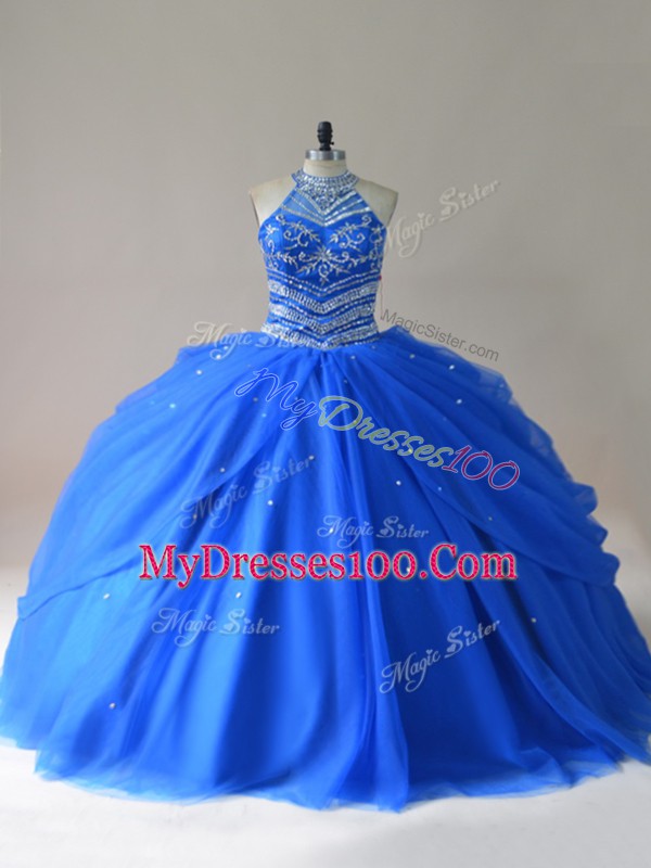 Floor Length Lace Up 15th Birthday Dress Royal Blue for Sweet 16 and Quinceanera with Beading