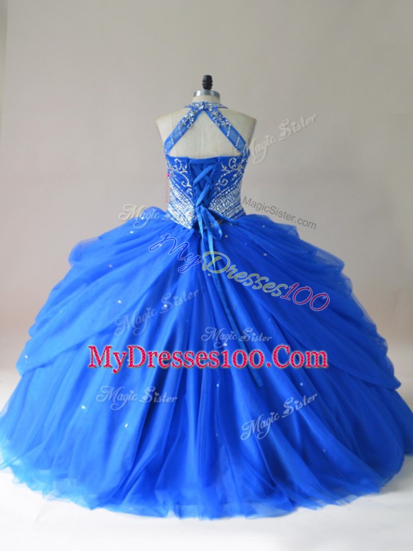 Floor Length Lace Up 15th Birthday Dress Royal Blue for Sweet 16 and Quinceanera with Beading